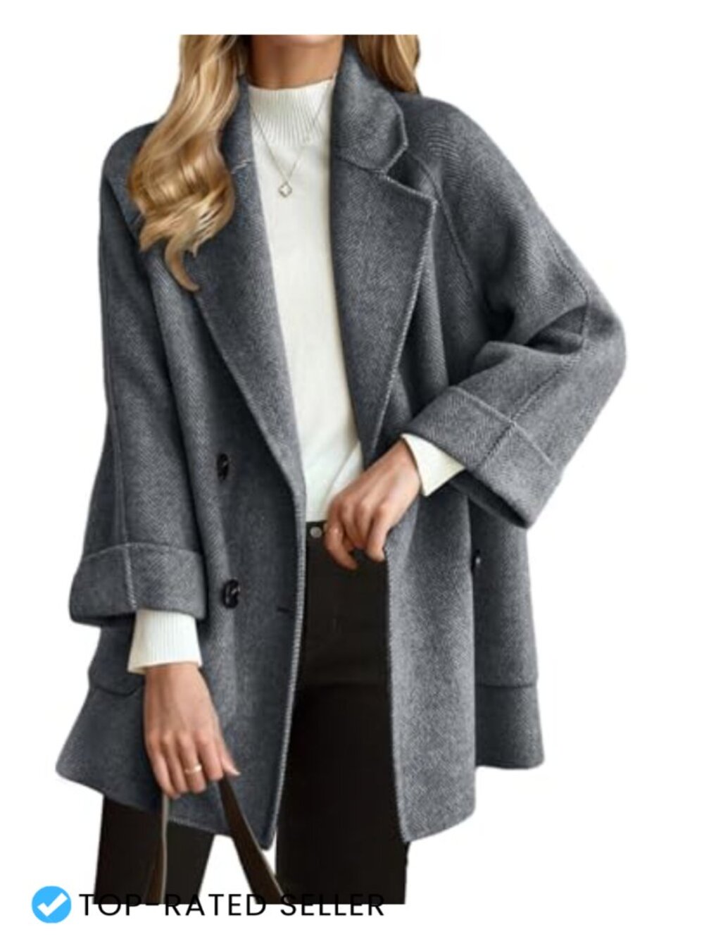Wool Blend Double Breasted Pea Coat Notched Lapel Roll Up Cuff Winter Overcoat